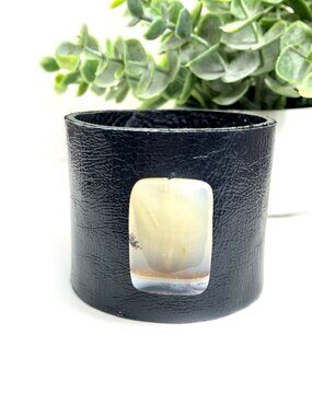 MishaGirl Handmade Blue Lambskin Leather Cuff Bracelet with White Carnelian Bead